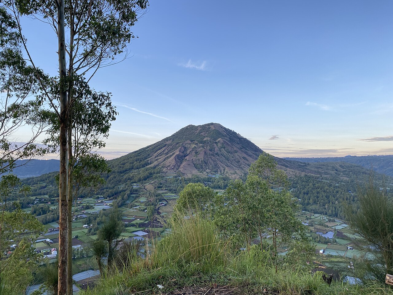 Vulkankegel des Gunung Batur im Abendlicht, davor Bäume und Felder in der Caldera bei Kintamani