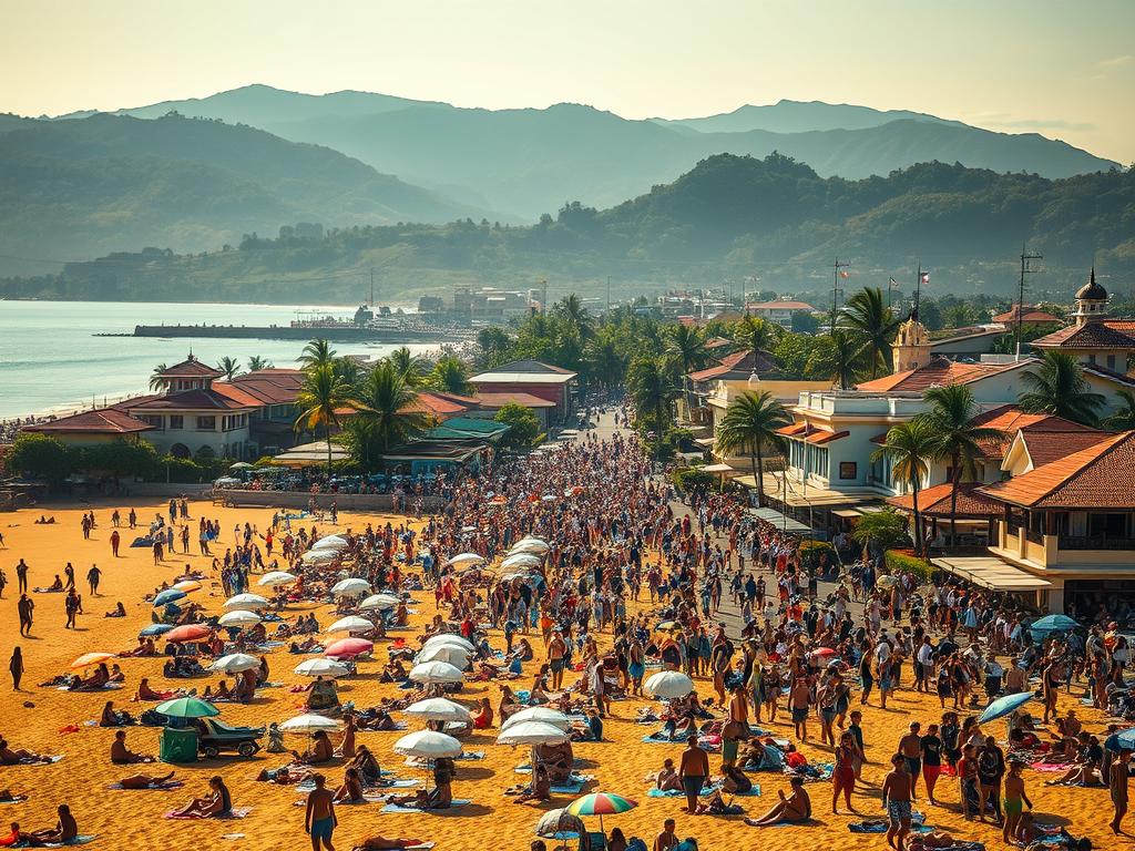 Belebter Sandstrand mit vielen Menschen und Sonnenschirmen, KI-Symbolbild
